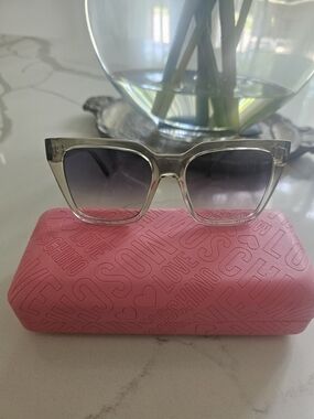 Love Moschino Clear Frame Sunglasses with Gradient Gray Lenses and Pink Case